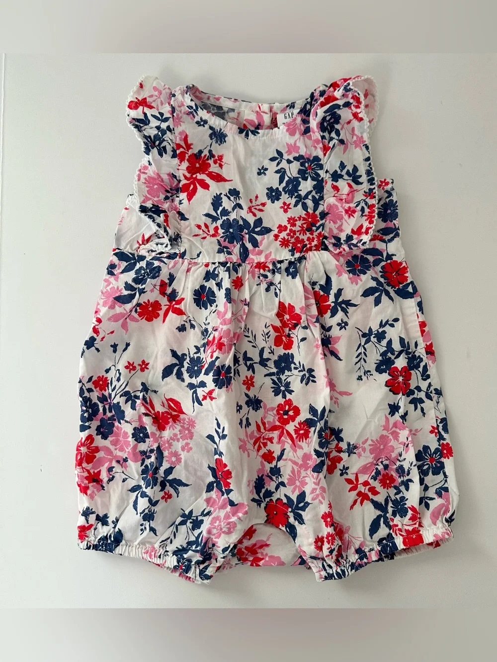 GAP Baby Girl White Sleeveless Romper with Navy, Red and Pink Floral Print